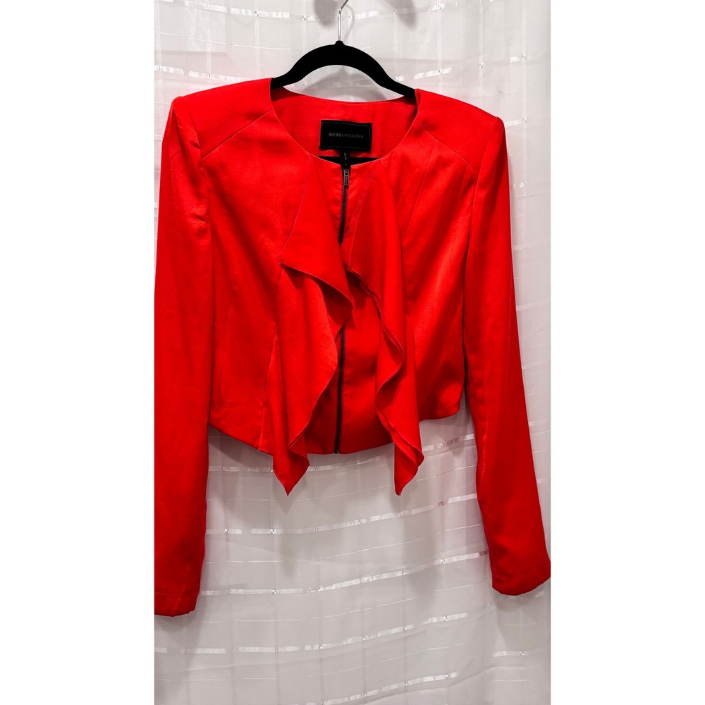 BCBGMAXAZRIA Red Ruffle Front Cropped Zip Up Jacket Womens Small